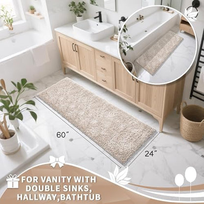 Yimobra Long Bathroom Rugs Runner 60x24 Inch, Extra Thick Soft Absorbent Chenille Bath Mat, Non Slip Machine Washable, Quick Dry Bath Rugs for Bathroom Floor, Tub and Shower, Khaki