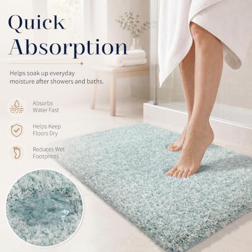 Yimobra Luxury Bathroom Rugs, Fluffy Bath Mats, Non Slip, Water Absorbent Microfiber, Machine Washable, Plush Runner Shower Rugs, Thick Matts for Bathroom Floor/Tub, 47"x 24", Sky Light Blue and White