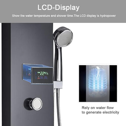 FUZ Contemporary Shower Panel Tower System Stainless Steel 6-Function Faucet LED Rainfall Waterfall Shower Head + Handheld Sprayer + Rain Massage Body Jets + Tub Spout, Black.