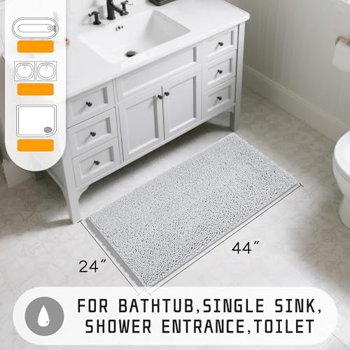 Yimobra Long Bathroom Rugs 44"x24", Extra Soft Non Slip Bath Mat for Tub, Super Absorbent Quick Dry Shaggy Rug Floor Carpet, Machine Washable,Silver