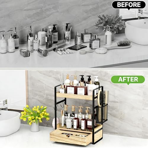 2-Tier Bathroom Counter Organizer with Drawer Basket and Hooks, Wood Bathroom Organizers and Storage for countertop, Farmhouse Brown Countertop Organizer, Counter Shelf for Vanity, Kitchen, Office