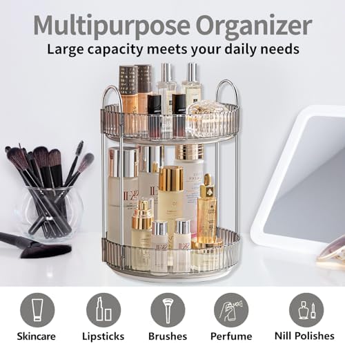 Asayuee 360 Rotating Makeup Organizer for Vanity,Bathroom Countertop Organizer,Spinning Perfume Organizer&Vanity Organizer(Grey-2 Tier)