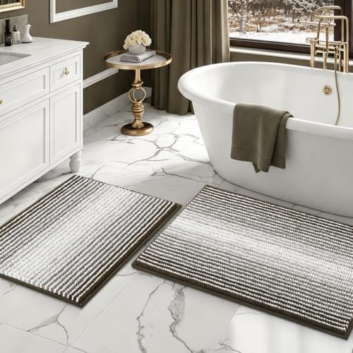 BSICPRO Bathroom Rugs Sets 2 Piece, Non Slip Striped Bath Mats, Latte
