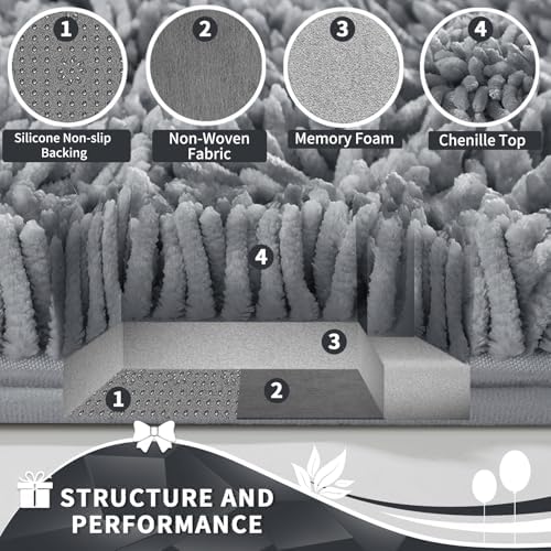 Yimobra Toilet Rugs U Shaped Washable, Extra Thick Soft Absorbent Chenille Contour Bathroom Rugs for Toilet 24x24 Inch, Quick Dry Non Slip Toilet Mat for Bath Floor, Silver