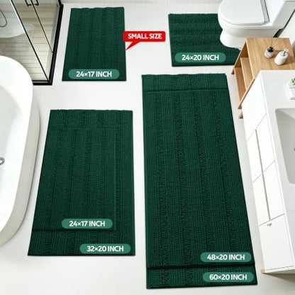 Christmas Striped Deep Green Bathroom Rug Mat Set 2 piece 32"x20"+24"x17" Ultra Soft, Non Slip Chenille Bath Rugs, Absorbent Plush Shaggy Bath Mats for Bathroom, Bedroom, Kitchen, Shower, Tub
