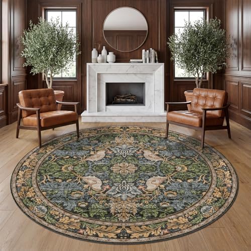 Washable Round Area Rugs 6ft for Living Room, Green Forest Soft Non-Slip Circle Rug with Rubber Backing, Vintage Large Boho Floral Bird Carpet for Bedroom, Kitchen, Nursery, Stain Resistant