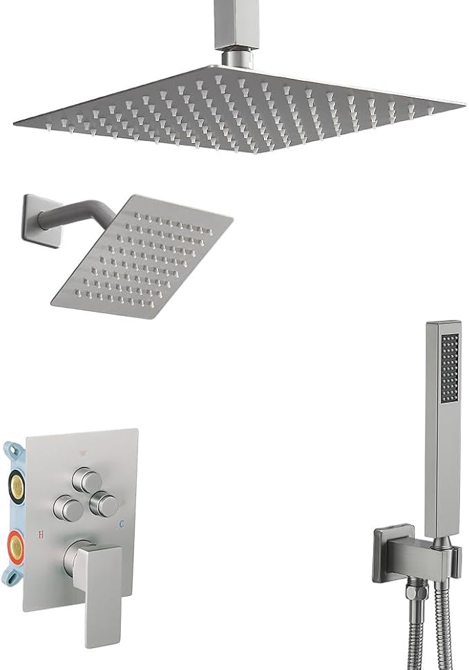 Shower Faucet Set Brushed Nickel 10 Inch Ceiling Mount Rainfall Shower System with 2 Rain Shower Head and Handheld Head Push Button Diverter Shower Trim Kit and Rough-in Valve Body