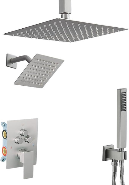 Shower Faucet Set Brushed Nickel 10 Inch Ceiling Mount Rainfall Shower System with 2 Rain Shower Head and Handheld Head Push Button Diverter Shower Trim Kit and Rough-in Valve Body