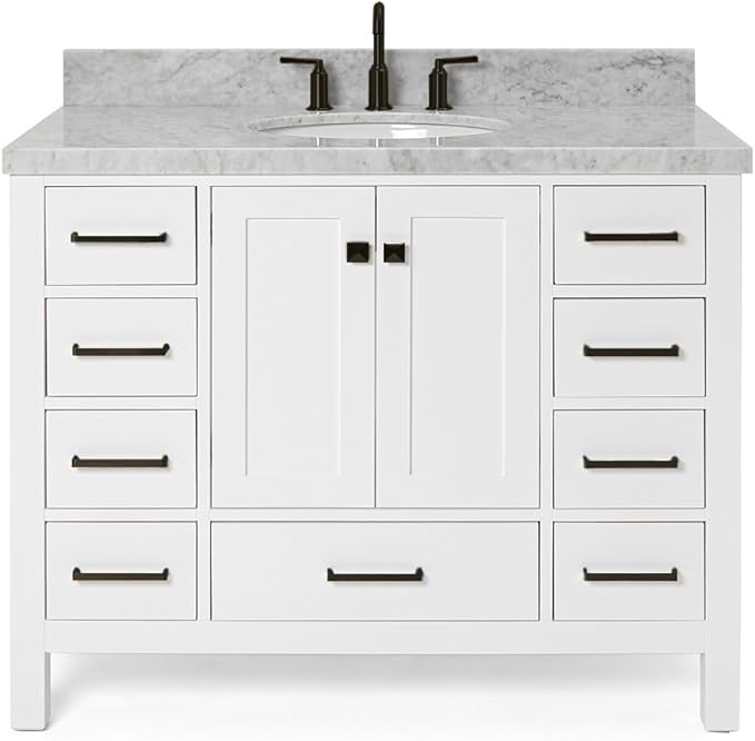 ARIEL Cambridge 42-inch Bathroom Vanity with Sink,Solid Wood, 1.5-inch Italian Carrara Marble Countertop & Backsplash, Single Oval Porcelain Sink, 2 Soft Closing Doors, 9 Dovetail Drawers, White