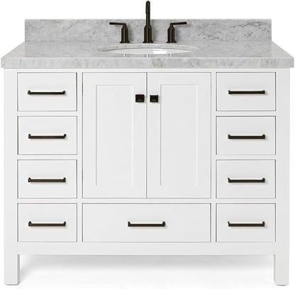 ARIEL Cambridge 42-inch Bathroom Vanity with Sink,Solid Wood, 1.5-inch Italian Carrara Marble Countertop & Backsplash, Single Oval Porcelain Sink, 2 Soft Closing Doors, 9 Dovetail Drawers, White
