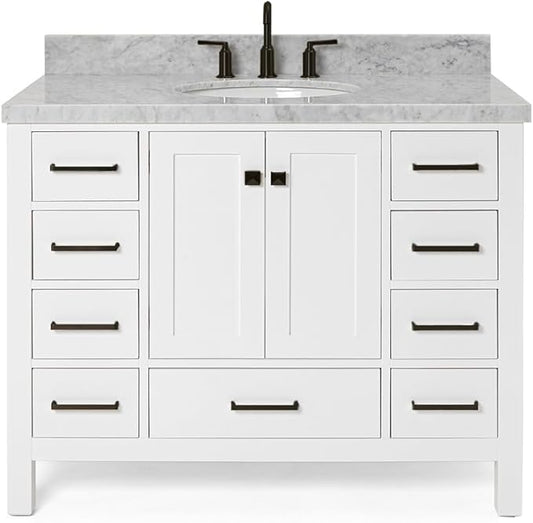 ARIEL Cambridge 42-inch Bathroom Vanity with Sink,Solid Wood, 1.5-inch Italian Carrara Marble Countertop & Backsplash, Single Oval Porcelain Sink, 2 Soft Closing Doors, 9 Dovetail Drawers, White
