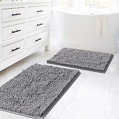 H.VERSAILTEX Bath Rugs for Bathroom Slip-Resistant Shag Chenille Bath Rugs Mat Extra Soft and Absorbent Bath Rug for Shower Room Machine-Washable Fast Dry (Gray, 20" x 32"/17" x 24")