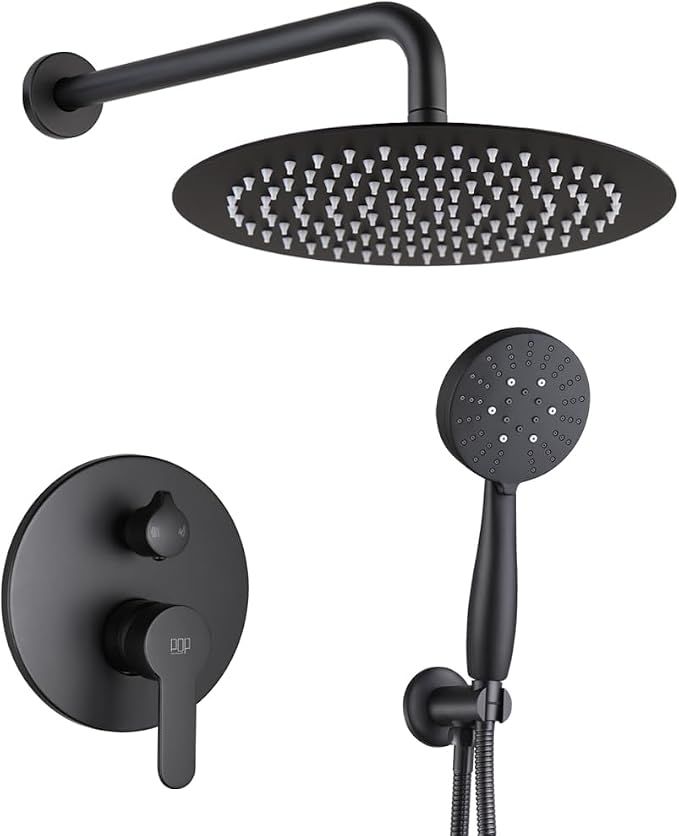 Matte Black Shower Faucet Set, All Metal 12 Inch Round Shower Head and Handle Set, Bathroom Rainfall Shower System, Wall Mounted Shower Fixtures, Include Shower Valve and Trim Kit