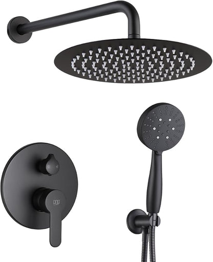 Matte Black Shower Faucet Set, All Metal 12 Inch Round Shower Head and Handle Set, Bathroom Rainfall Shower System, Wall Mounted Shower Fixtures, Include Shower Valve and Trim Kit