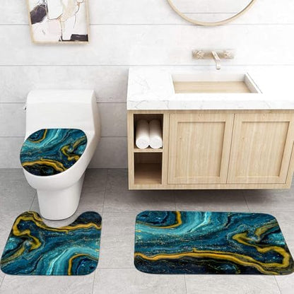 Nkzply 4 Pcs Teal Blue Marble Shower Curtain Set Turquoise Bathroom Sets with Shower Curtain and Rugs Gold Modern Abstract Bathroom Decor Accessories Bathroom Rugs Toilet Lid Cover with Hooks