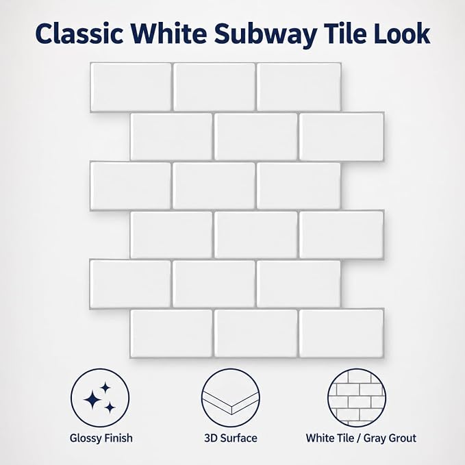 Peel and Stick Backsplash for Kitchen, White | 10 pack self‑adhesive tiles for backsplash, bathroom, or accent wall. Easy DIY install and wipeable. Covers approx. 10 sq ft.