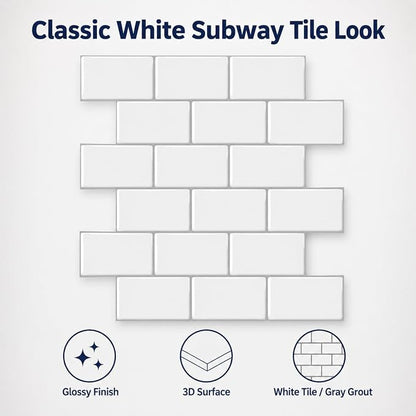 Peel and Stick Backsplash for Kitchen, White | 10 pack self‑adhesive tiles for backsplash, bathroom, or accent wall. Easy DIY install and wipeable. Covers approx. 10 sq ft.