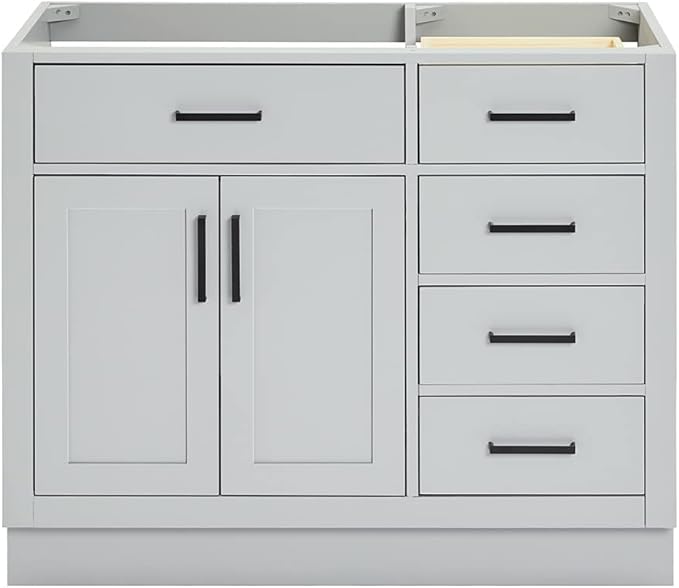 ARIEL Hepburn 42-inch Bathroom Vanity Base Cabinet,Solid Wood, 2 Soft Closing Doors, 5 Dovetail Drawers, Grey