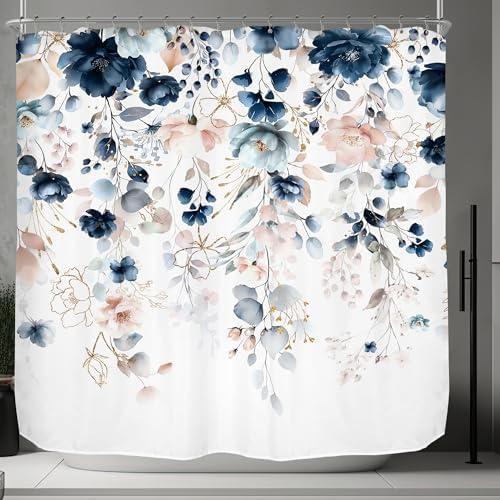 Pink Blue Floral Extra Wide Rustic Bathroom Shower Curtain Set