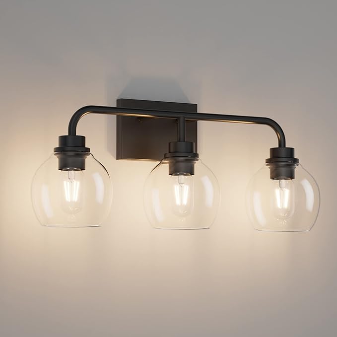 Tipace Black Industrial Bathroom Vanity Light Fixtures Over Mirror Glass Globe 3 Lights Vintage Vanity Lights Farmhouse Bath Lighting(Exclude Bulb)