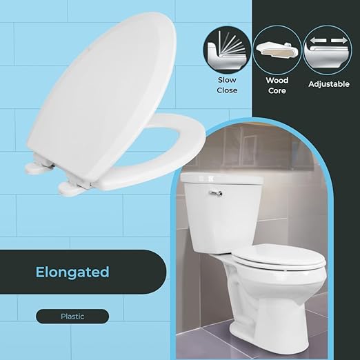 Centoco Elongated Toilet Seat, Heavy-Duty Wood Core with Plastic Scratch-Resistant Finish, Soft Close, Made in the USA, 900SC-301, Crane White (Cotton/Bright)