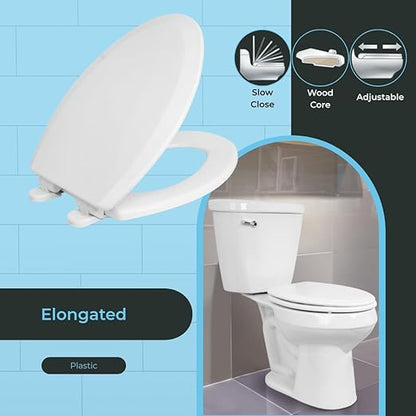 Centoco Elongated Toilet Seat, Heavy-Duty Wood Core with Plastic Scratch-Resistant Finish, Soft Close, Made in the USA, 900SC-301, Crane White (Cotton/Bright)