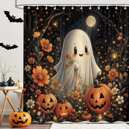 Halloween Shower Curtain, Funny Spooky Pumpkin Floral Shower Curtains Set for Bathroom, Waterproof Polyester Bathroom Decor Accessories with Hooks, 72x72 Inch