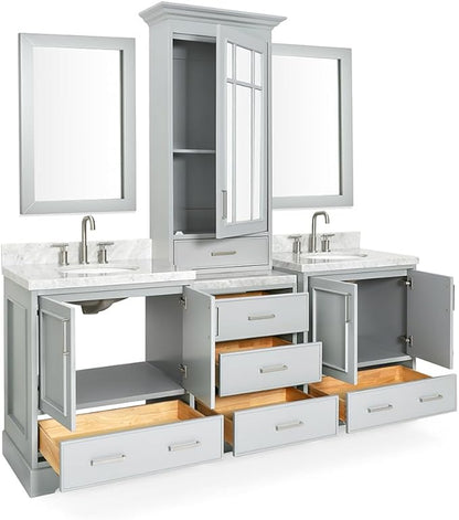 ARIEL Stafford 85 inch Bathroom Vanity Set in Grey, Double Oval Sink, 1.5" Carrara White Marble Countertops, 5 Soft Closing Doors, 6 Full Extension Dovetail Drawers, Mirror Cabinet