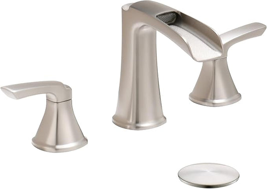 Fapully Brushed Nickel Bathroom Faucet 3 Hole, Waterfall 8 Inch Widespread Bathroom Sink Faucet with Pop-up Drain, Two-Handle Faucet for Bathroom Sink