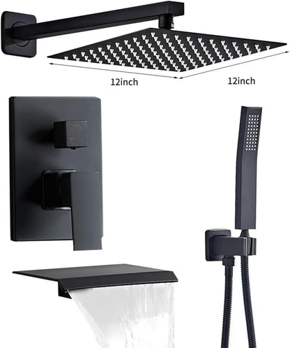 Matte Black Shower Faucet 12 Inch Set with Tub Spout, Shower Head and Handle with 2 Hooks Rain System Square Wall Mount for Bathroom