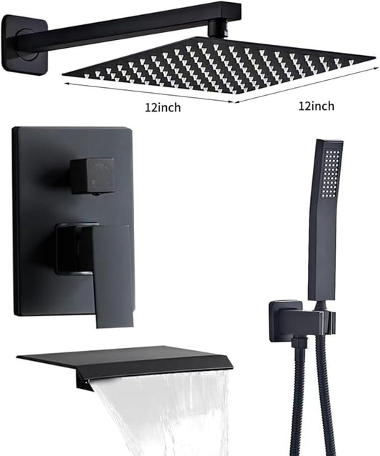 Matte Black Shower Faucet 12 Inch Set with Tub Spout, Shower Head and Handle with 2 Hooks Rain System Square Wall Mount for Bathroom