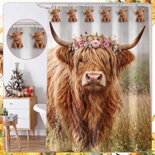 Xuhal 12 Pcs Highland Cow Shower Curtain Hooks Rustic Farmhouse Bathroom
