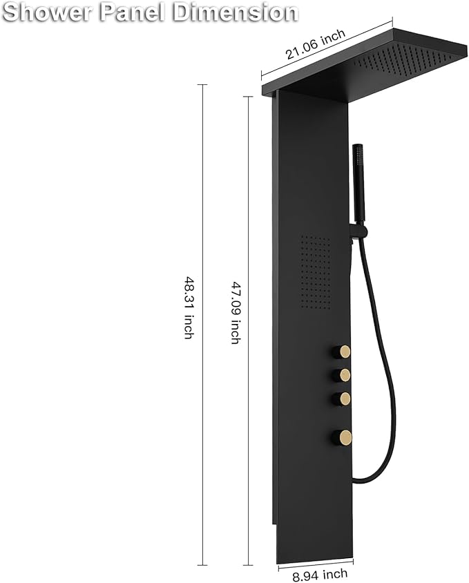 Shower Panel Tower System Stainless Steel Rainfall Shower Massage Body Jets and Handheld Shower System 3-Functions Wall Mount, Black