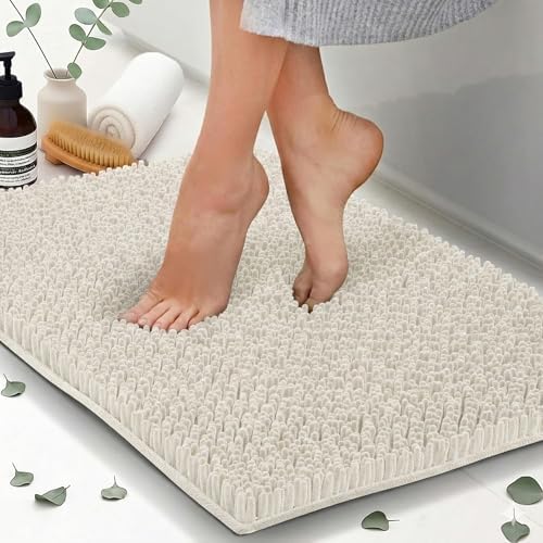 Chenille Bath Mats 47"x21", Ivory White Plush Absorbent Quick Dry, Soft & Machine Washable, Non Slip Carpet for Bathroom, Thick Bathroom Rugs, Shower Restroom Rug Mat, Alfombras De Bano, Bathrugs