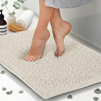 Chenille Bath Mats 47"x21", Ivory White Plush Absorbent Quick Dry, Soft & Machine Washable, Non Slip Carpet for Bathroom, Thick Bathroom Rugs, Shower Restroom Rug Mat, Alfombras De Bano, Bathrugs