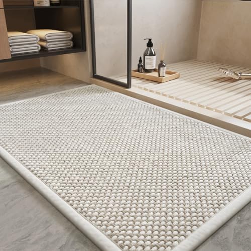 PADOOR-Bath Mat-Super Absorbent Chenille Bathroom Mats-Rubber Backed Bath Mats for Bathroom Non Slip, Easy Clean Bathroom Rugs Front of Bathtub,Shower Room,Sink-24×36, Beige&Cream