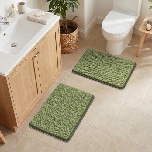 Bcoimo Bath Rugs Mat Set,2 Piece Non Slip Chenille Sage Bathroom Mat Sets