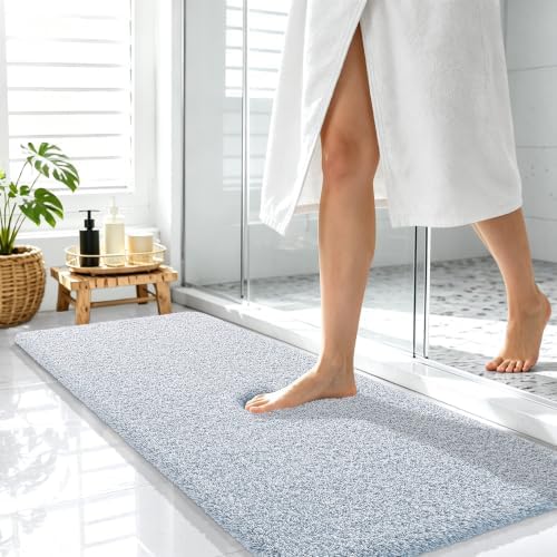 OLANLY Microfiber Bathroom Rugs 47x17, Quick Dry Mat, Airy Blue and White