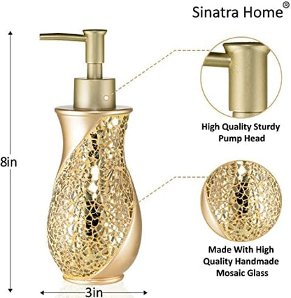 Zahari Home 4pc Sinatra Stylish Bathroom Accessories Set Champagne Gold Soap Dispenser Pump, Tumbler, Tooth Brush Holder and Soap Dish Modern Decor Bling Mosaic Glass Gold Bathroom Accessories