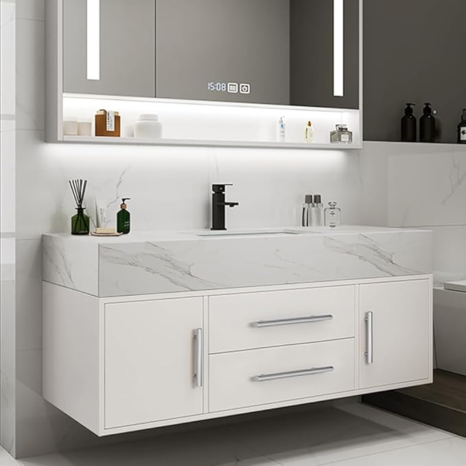 Bathroom Vanity with Sink 39.5" Floating Bathroom Vanity Sintered Stone Modern Bathroom Vanity Set, White (Wall Mounted, Silver Handle)
