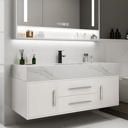 Bathroom Vanity with Sink 39.5" Floating Bathroom Vanity Sintered Stone Modern Bathroom Vanity Set, White (Wall Mounted, Silver Handle)