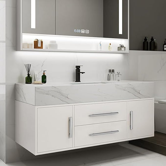 Bathroom Vanity with Sink 39.5" Floating Bathroom Vanity Sintered Stone Modern Bathroom Vanity Set, White (Wall Mounted, Silver Handle)