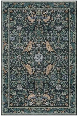 Vintage 8x12 Area Rugs for Living Room - Blue Soft Floral Rug for Bedroom, Dining Room, Washable Botanical Bird Carpet, Non-Slip Stain Resistant Low Pile Throw Rug Indoor Door Mat