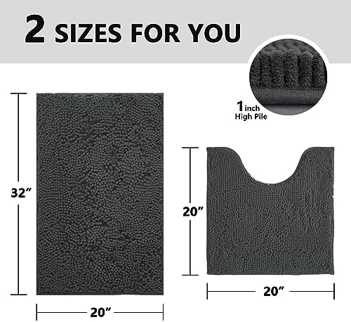 BOANKODU Bathroom Rugs Sets 2 Piece, Absorbent Bath Mat for Bathroom Very Soft Chenille Non-Slip, 32x20 Inch + 20x20 Inch U Shape Bathroom Mat, Machine Washable Bath Rugs (Grey)