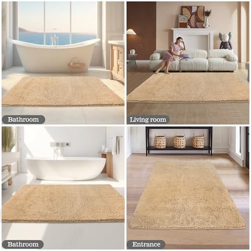 Yeaban Chenille Ivory Cream Bathroom Rug 40"x60",Non-Slip Rubber Backing