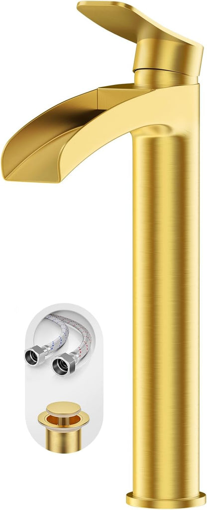 Phiestina Brushed Gold Tall Bathroom Vessel Sink Faucet, Single Hole Single Handle Waterfall Modern Bathroom Faucet, with Pop Up Drain and Water Supply Line, NS-SF01-BG-V