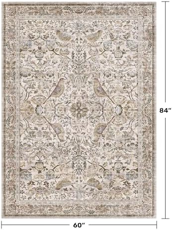 Moss 5x7 Living Room Area Rug, Vintage Washable Rug for Bedroom, Kitchen Table, Home Office, Oriental Brown Botanical Design, Low Pile Soft Carpet with Bird Pattern