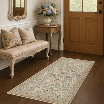 Beige 2x4 Washable Rug for Bathroom, Entryway Non Slip - Soft Low Pile Boho Small Throw Rugs for Kitchen, Powder Room - Unique Boho Bird Botanical Decorative Door Mats Stain Resistant