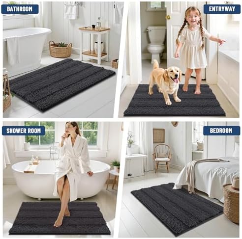Grandaily Chenille Striped Bathroom Rugs 47x32, Extra Thick and Soft Absorbent Bath Mats, Rubber Backing, Plush Shaggy Shower Carpet, Machine Wash Dry, Bath Rug for Bathroom, Charcoal