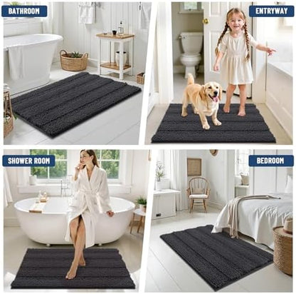 Grandaily Chenille Striped Bathroom Rugs 40x32, Extra Thick and Soft Absorbent Bath Mats, Rubber Backing, Plush Shaggy Shower Carpet, Machine Wash Dry, Bath Rug for Bathroom, Charcoal